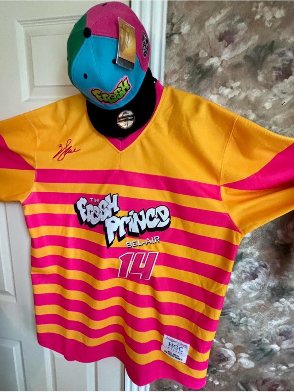 Fresh Prince Bel-Air Men's V-Neck Jersey in Yellow & Pink with Hat Bundle